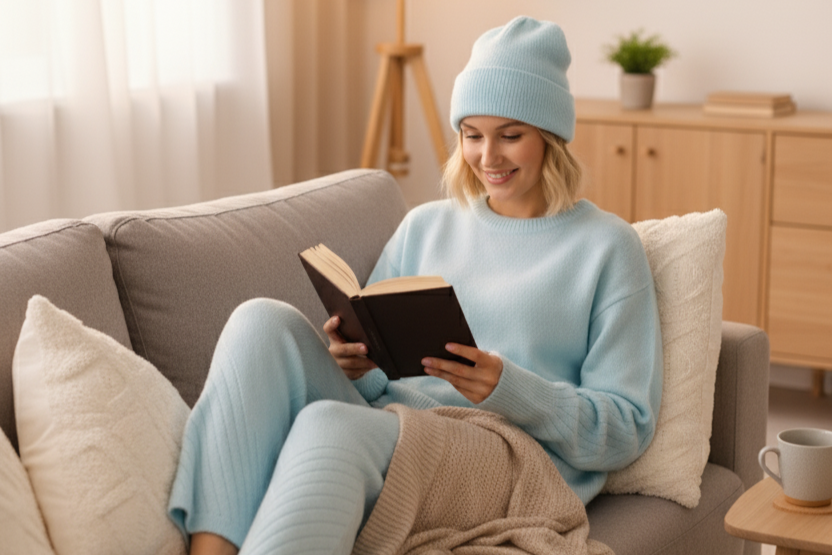 Woman in light blue sweater and pants sitting on a couch, reading a book in a cozy living room.
