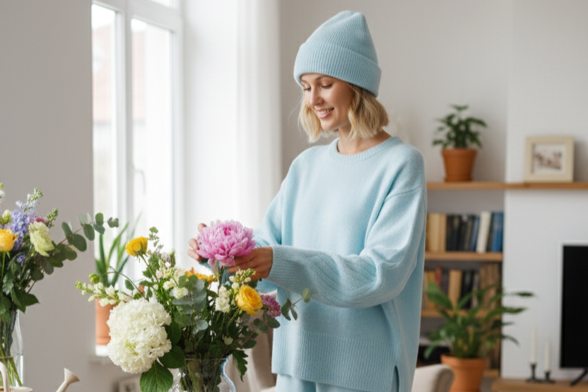 Woman in a Baby Blue Sweater set arranging flowers in a living room.