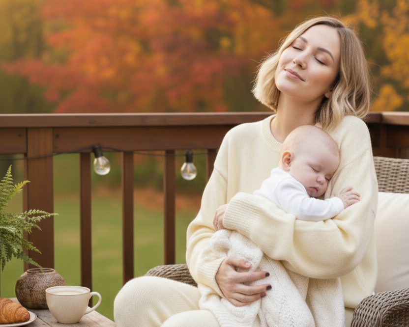 Mother is holding her child and wearing a Shop AASHKA sweater