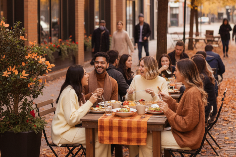 Friends are dining outdoors in a cozy autumn setting with trees and buildings in the background.