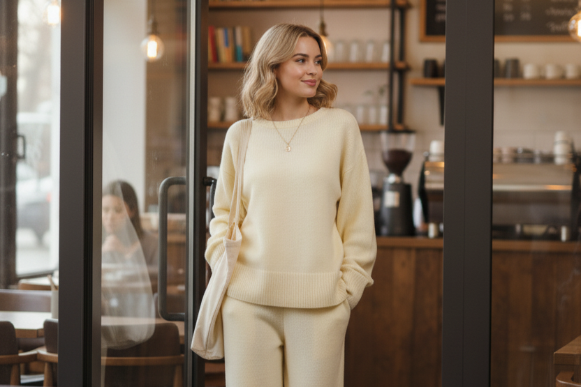 Woman in a Butter Yellow outfit is walking through a cafe.
