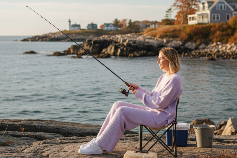 Woman is fishing by the water with a scenic background