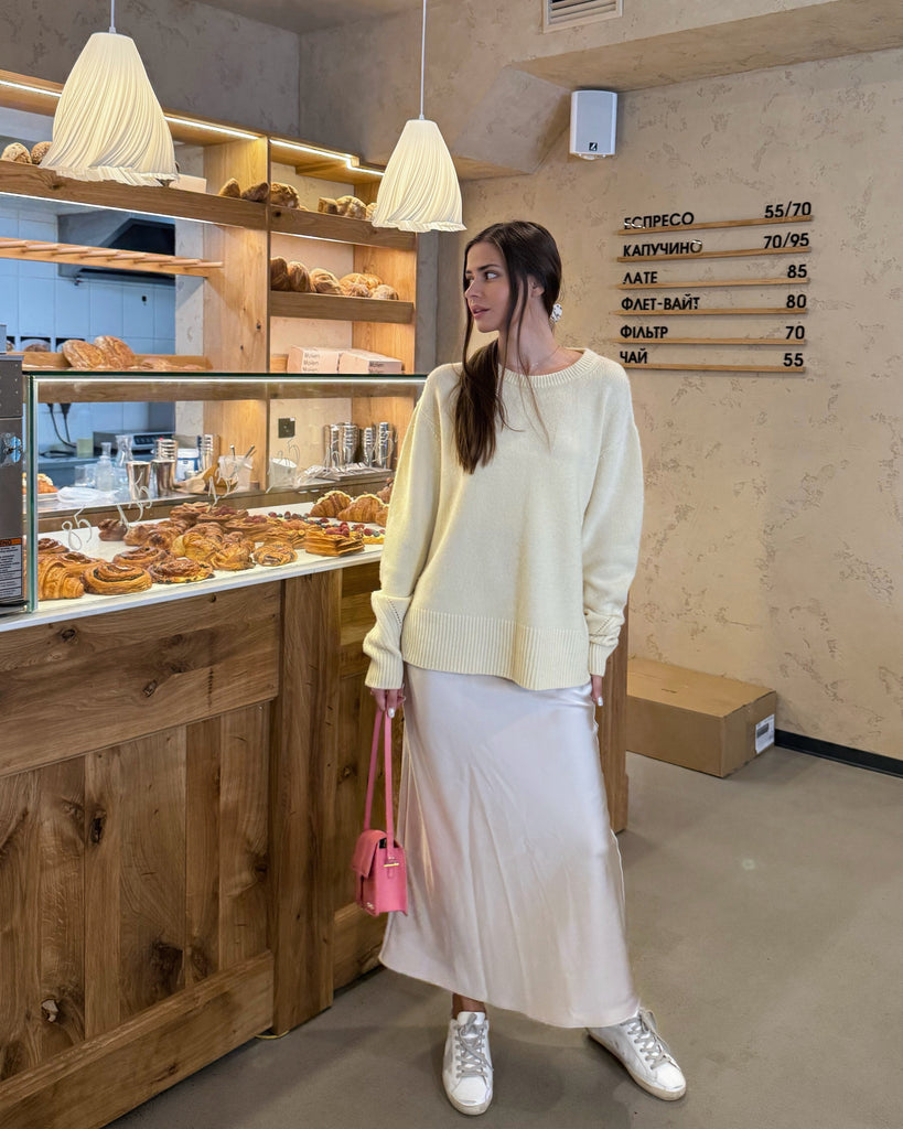 Cashmere Crewneck Sweater in Butter Yellow for women at shop AASHKA