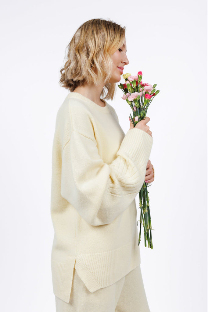 Cashmere Crewneck Sweater in Butter Yellow for women at shop AASHKA