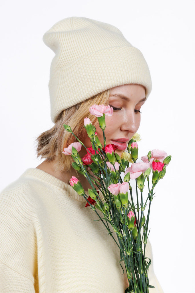 minimalist cashmere wool sweater beanie in Butter Yellow color for women at shop AASHKA